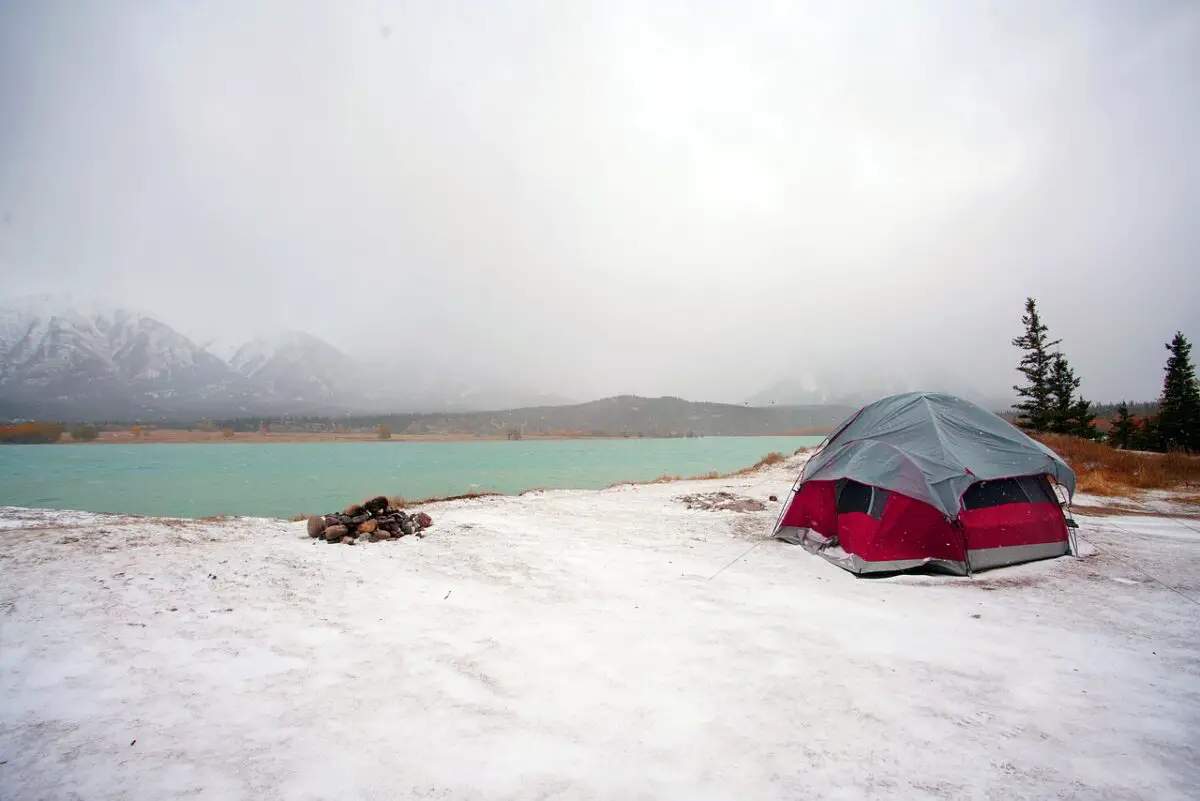 a hot tent camping in the winter season