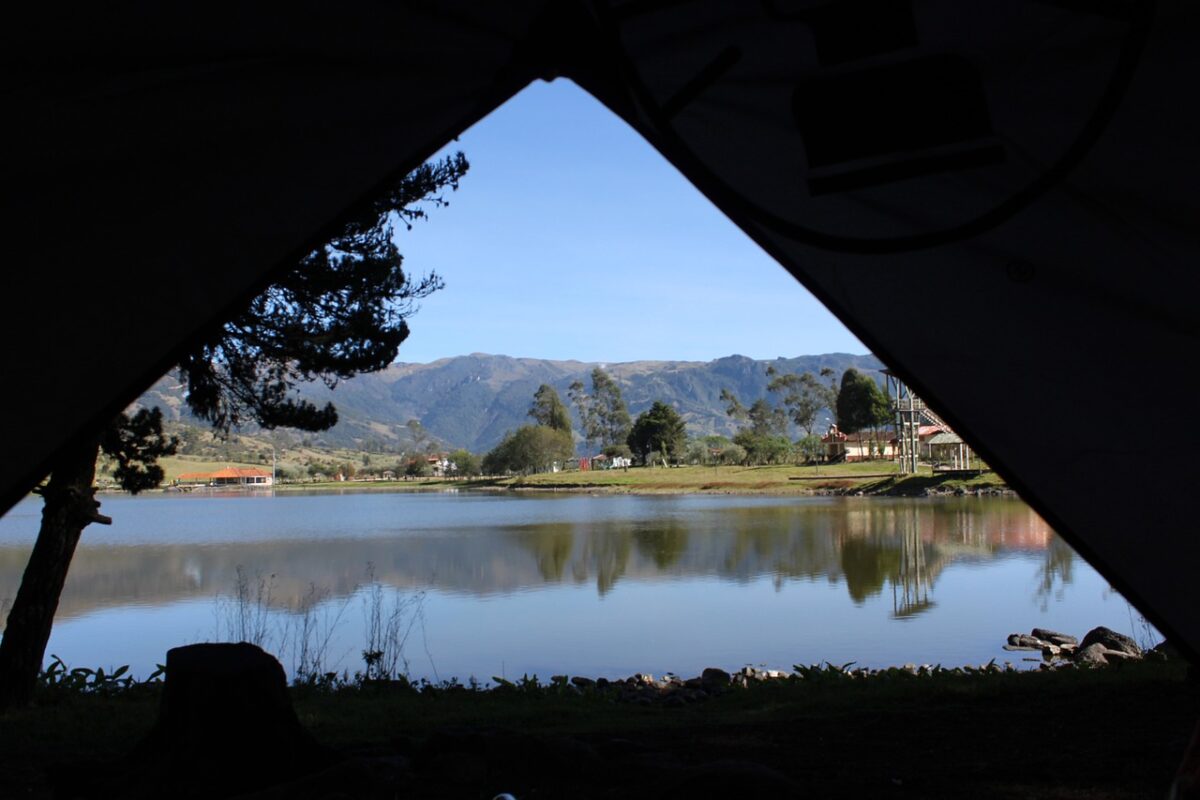 a view near the lake through the tent