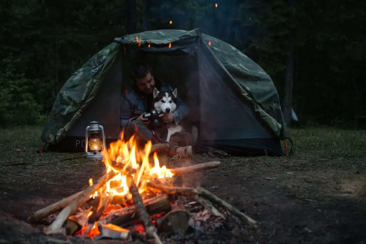 a man sitting with his dog thinking about FAQs about Camping Tents with Air Mattresses